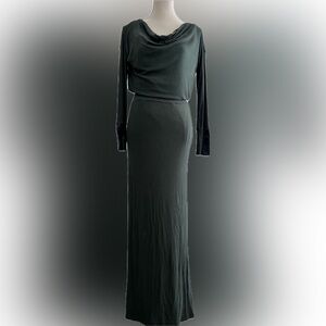 Bordeaux green maxi dress long sleeve faux leather sleeve Anthropologie sz s